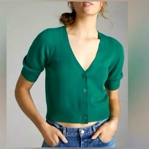 NEW! Anthropologie Maeve Beth Puff-Sleeved Green Cashmere Crop Cardigan sz 1X